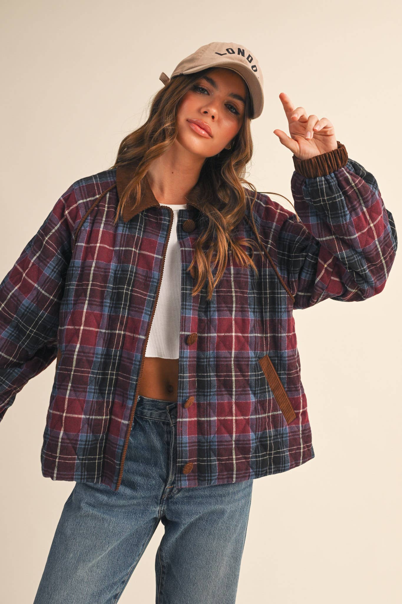 PLAID QUILTED JACKET WITH CONTRAST CORDUROY DETAIL MJK4115