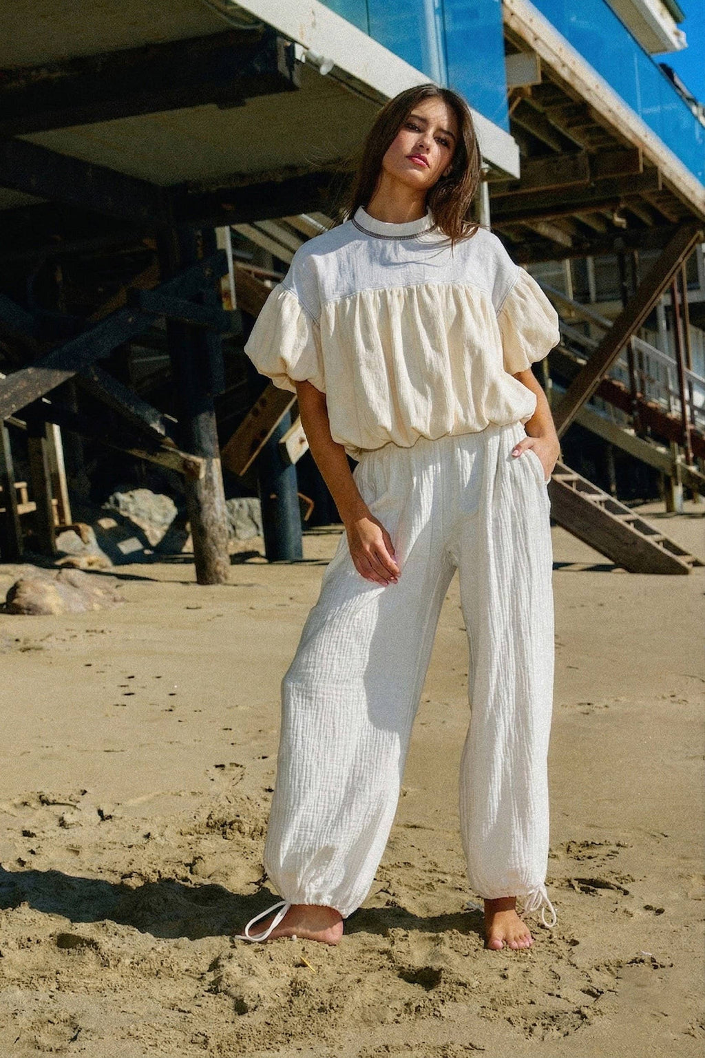 Ruffle Sleeve & Hem Contrast Detail Crop Top