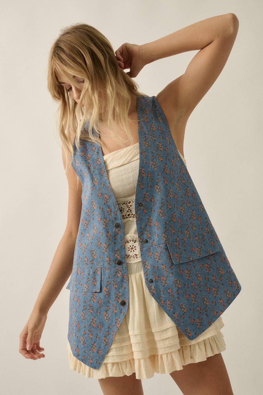 Floral-Print Denim Snap-Front Vest