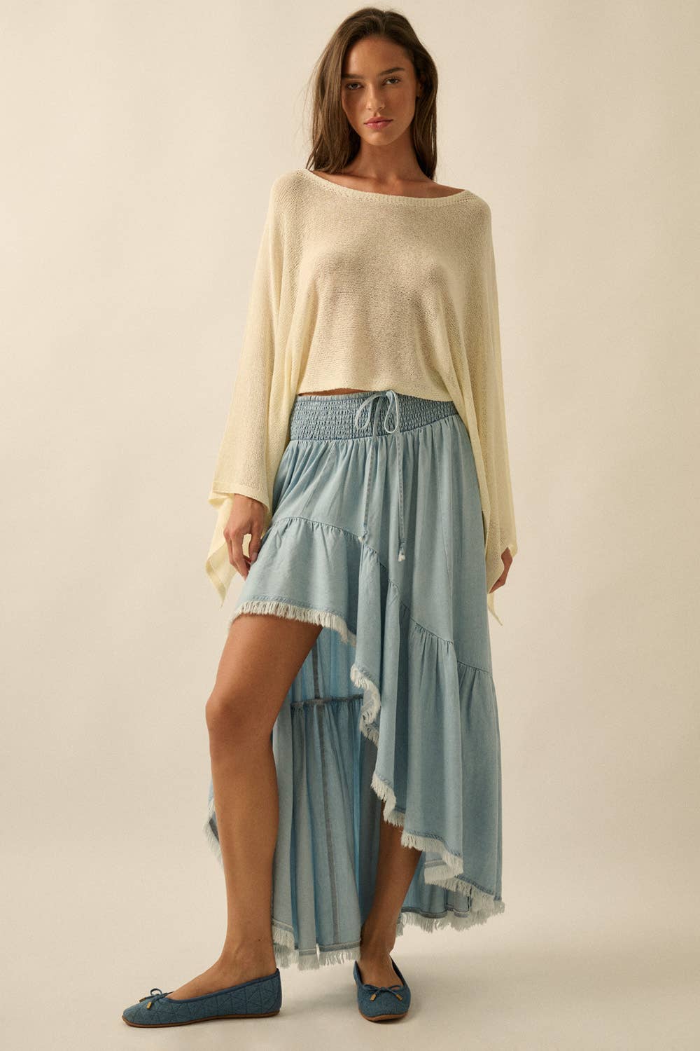 Tencel Denim High-Low Tiered Ruffle Maxi Skirt