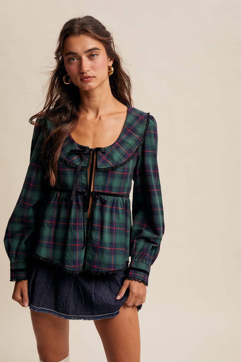 Plaid Velvet Trim Holiday Blouse LT1446