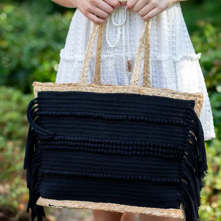 Nora Tote - Jute and Black Cotton Tote with Fringes
