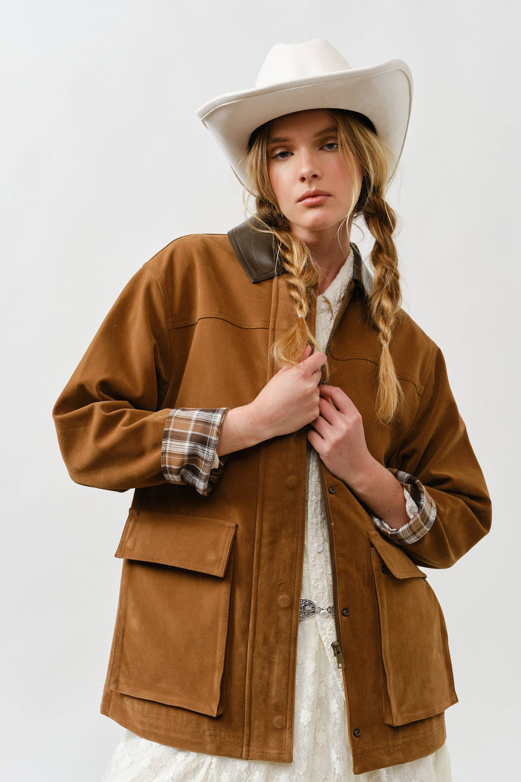 MAJ3262 SUEDE CASUAL JACKET WITH LEATHER COLLAR