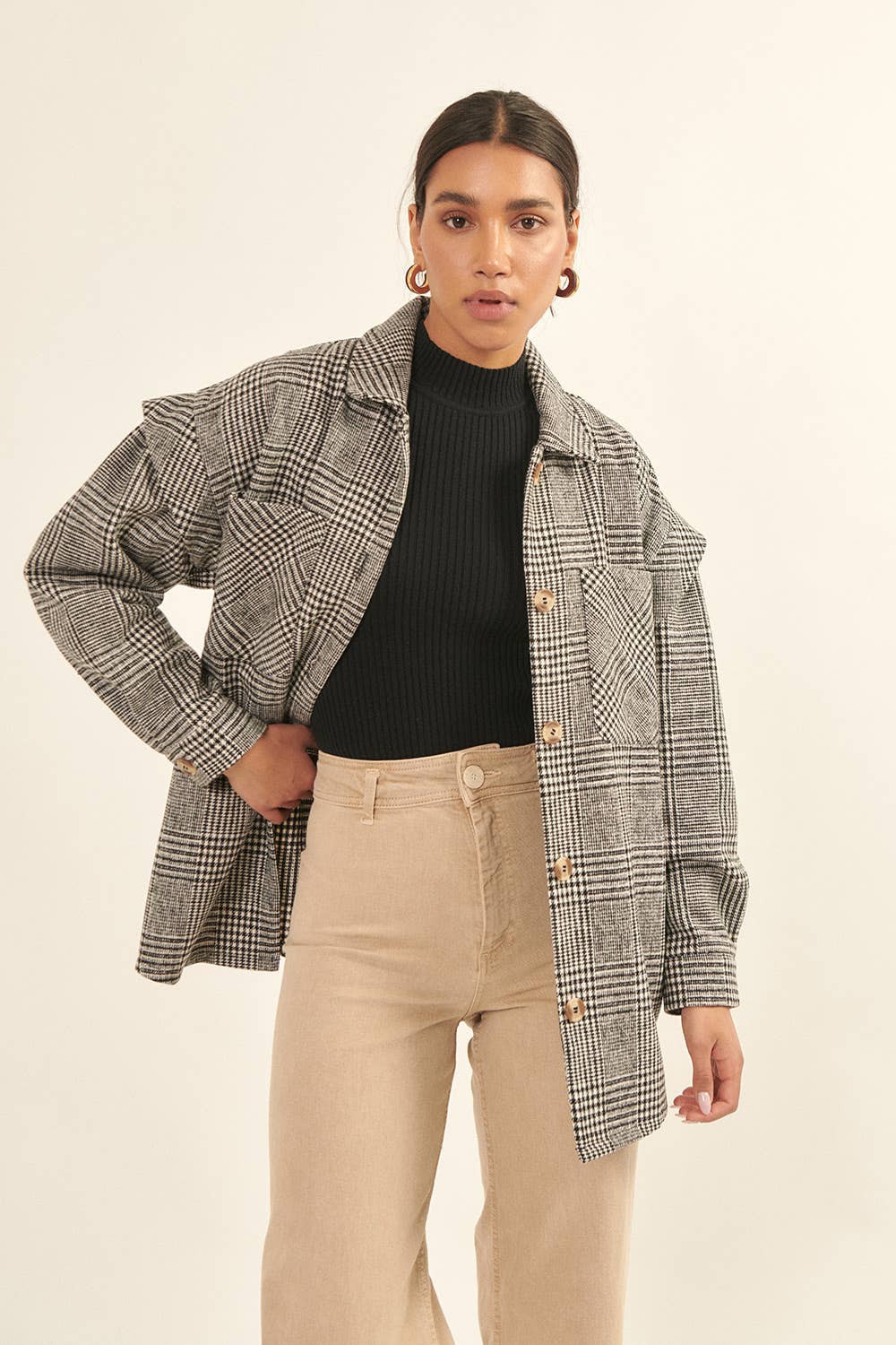 Plaid Collar Neck Button Front Long Sleeve Shacket