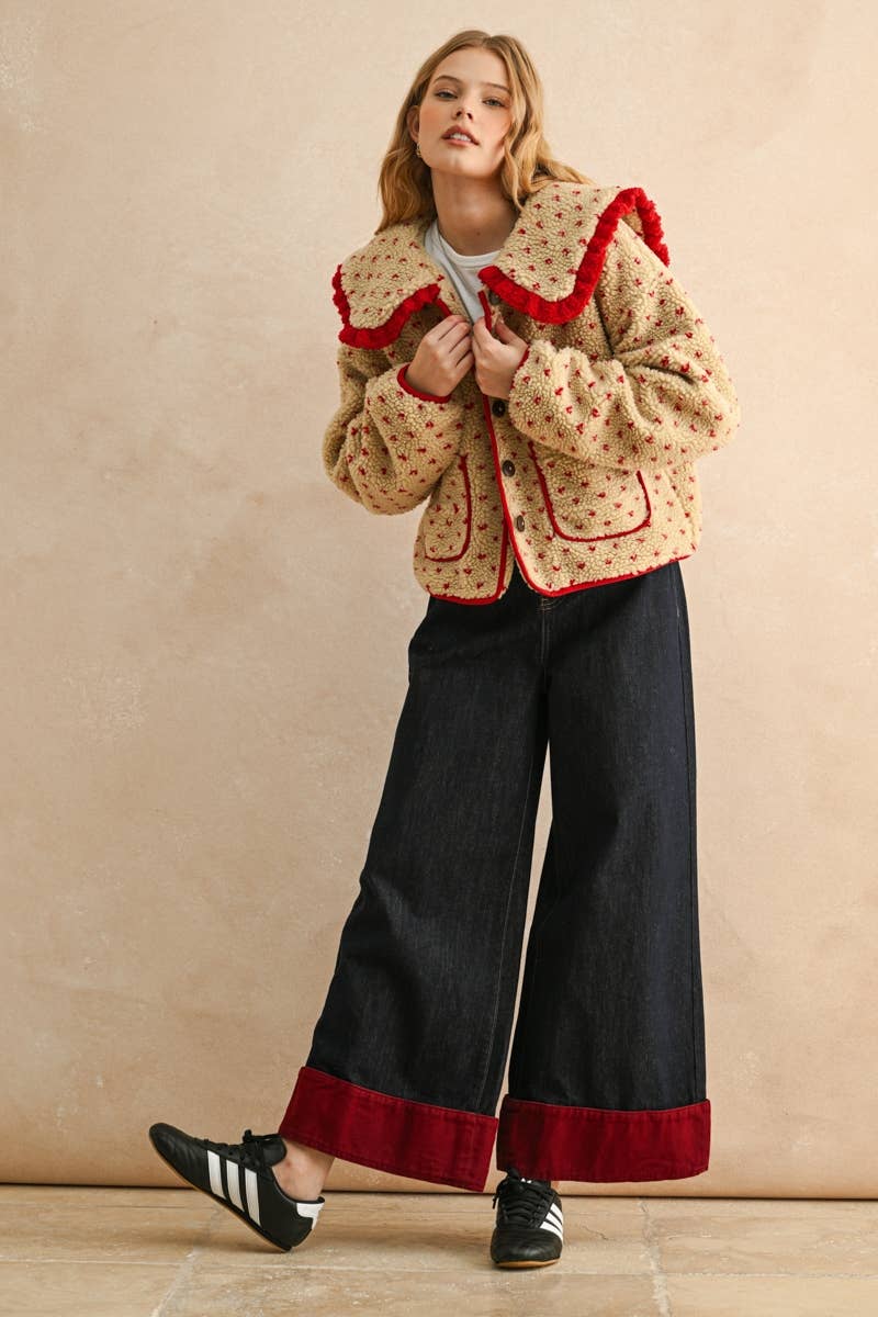 BUTTON FRONT PRINTED SHERPA WITH COLLAR JACKET