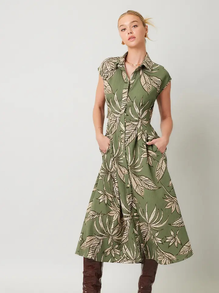PRINTED LINEN CUT OUT BACK MIDI DRESS