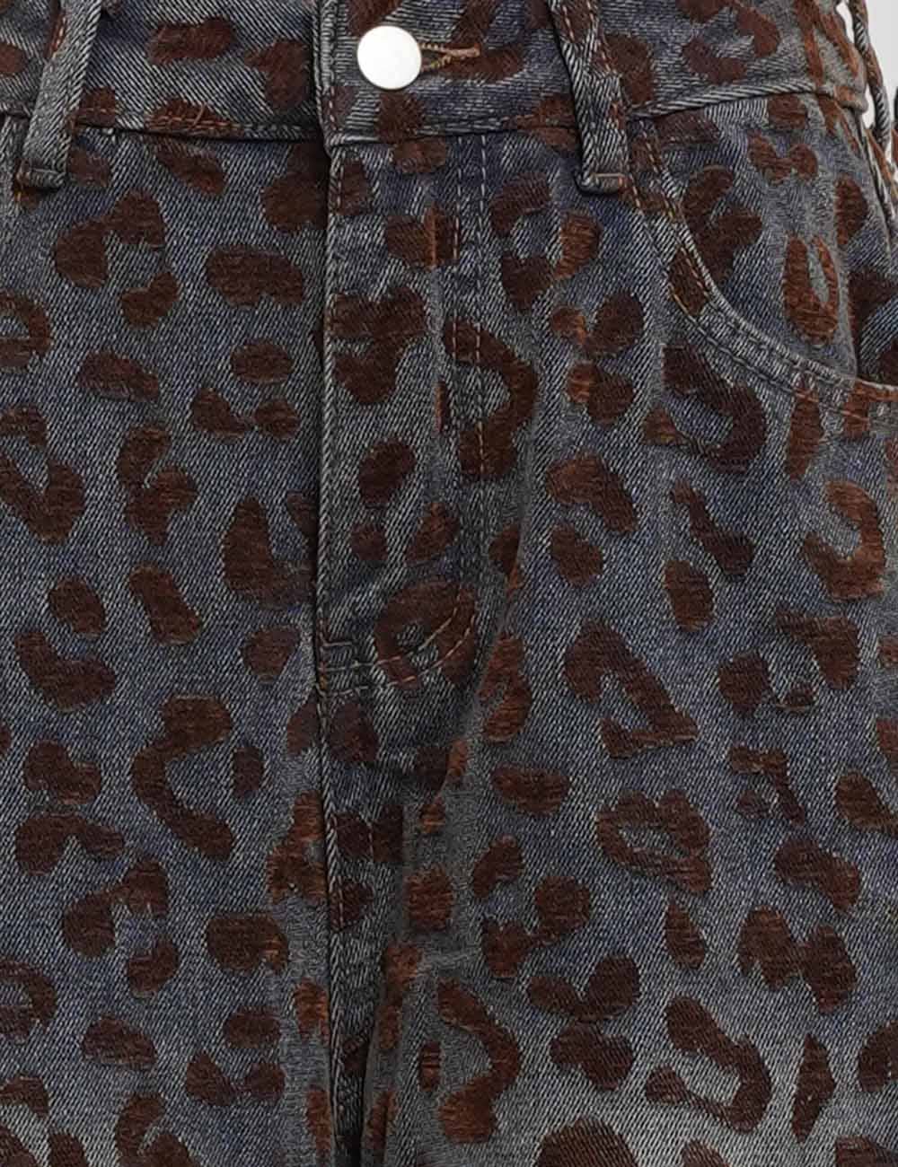 Leopard Jacquard Barrel Leg Denim Pants