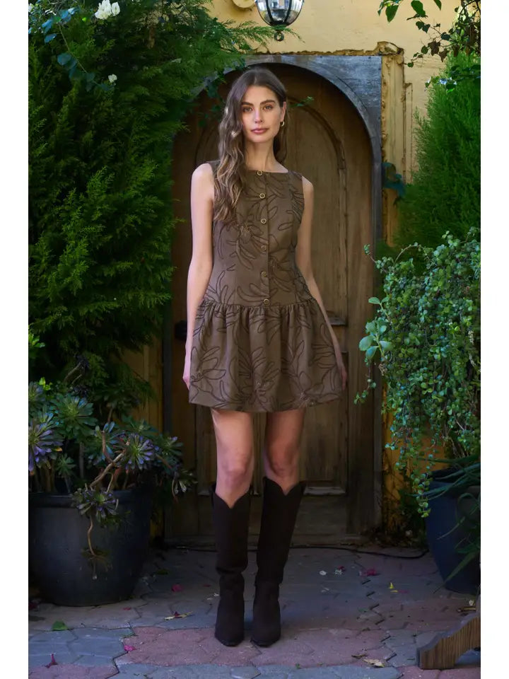 Embroidered Boatneck Mini Dress