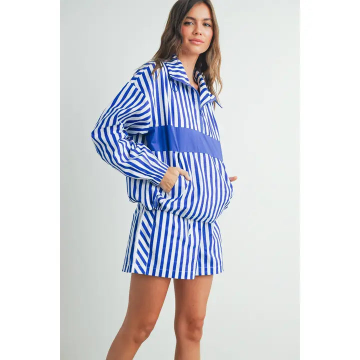 Drawstring Half Zip Striped Jacket