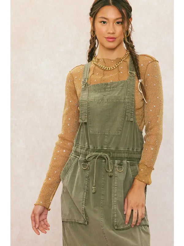 PRE WASHED OVERALL DRESS - OLIVE