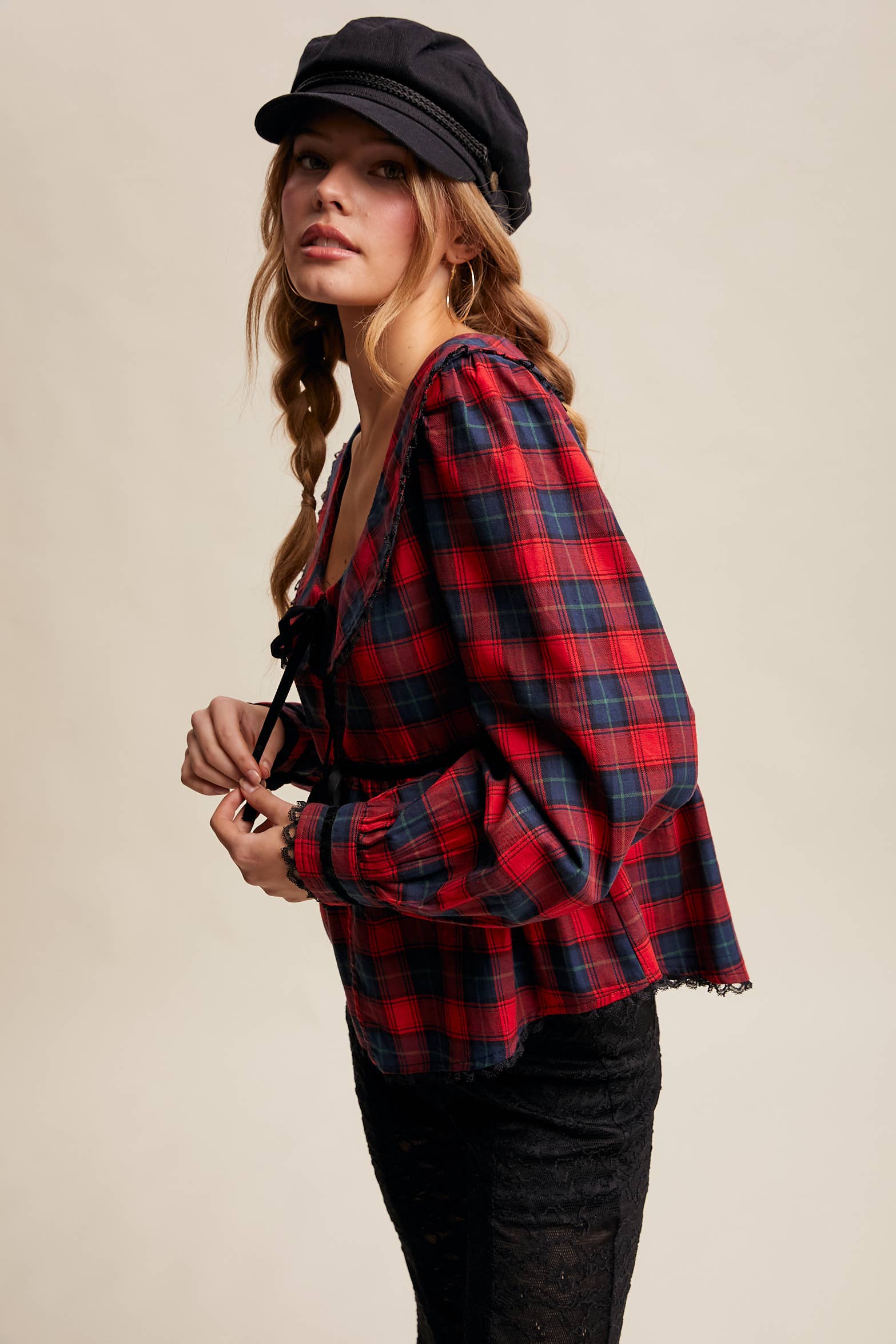 Plaid Velvet Trim Holiday Blouse LT1446