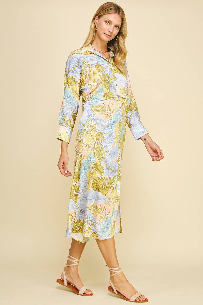 PRINT BUTTON DOWN MIDI DRESS