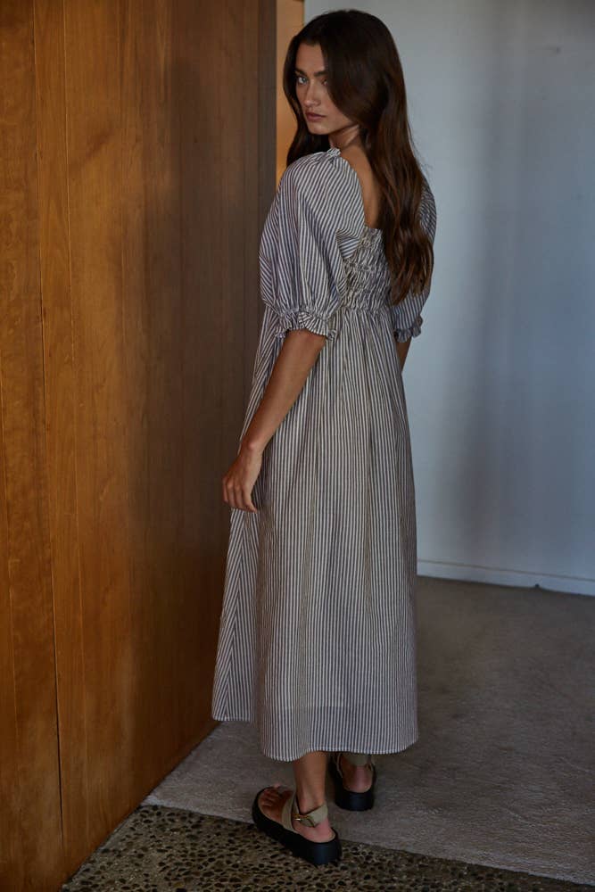 L9144 | Woven Cotton Linen Striped Smocked Midi Dress