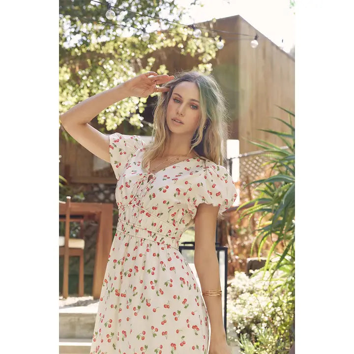 PLAYFUL PREPPY CHARM OF FRUIT PRINTED PUFF SLEEVE MIDI DRESS