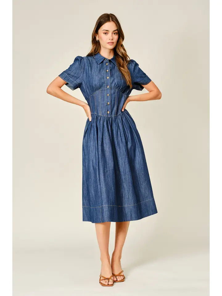 Corset Smocked Denim Shirt Dress