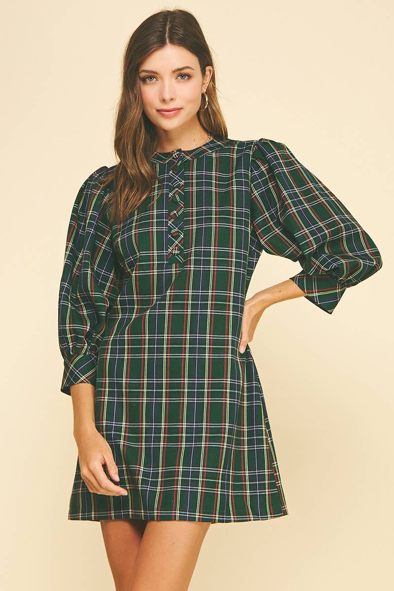 PLAID BUTTON DOWN MINI DRESS - DARK GREEN