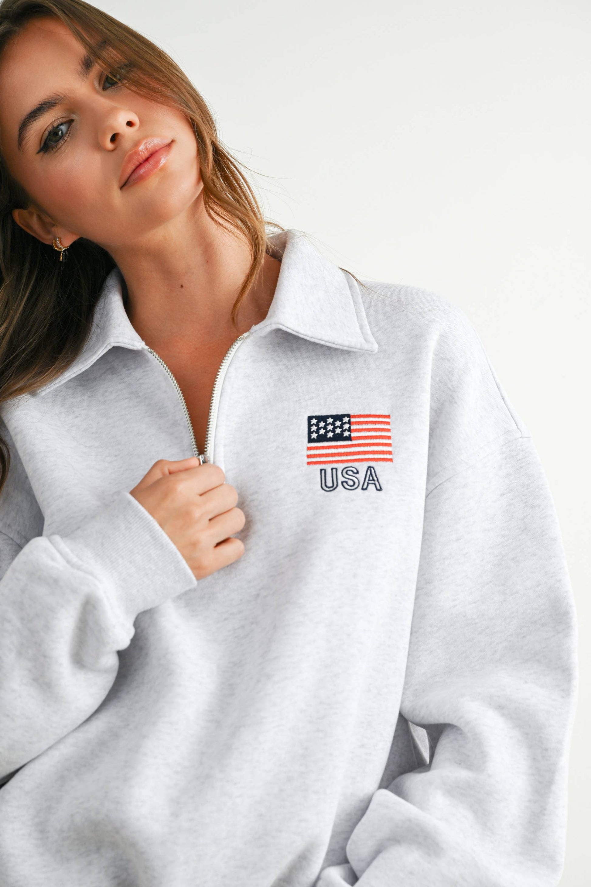 Loose Collared American Flag Icon Quarter-Zip Top