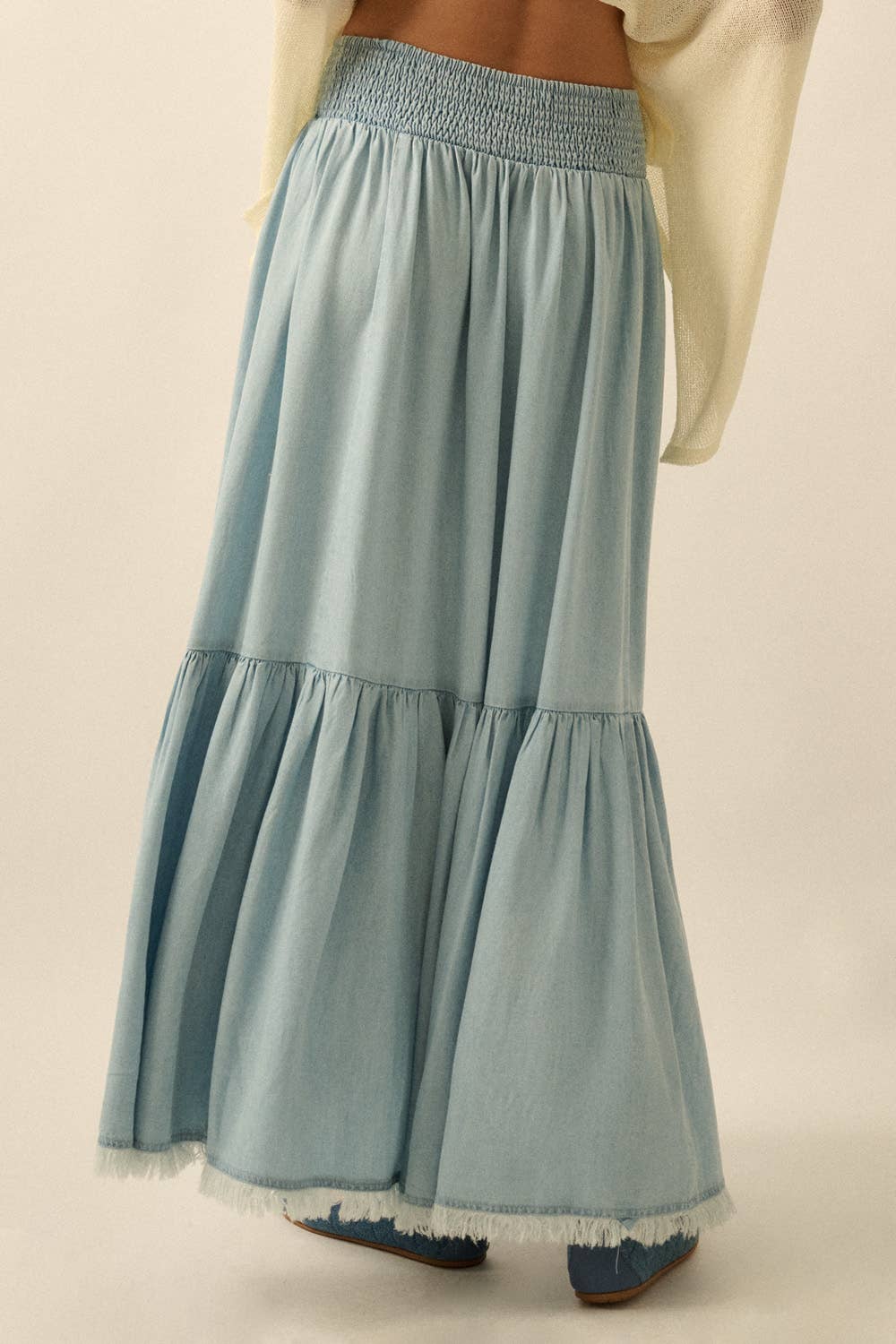 Tencel Denim High-Low Tiered Ruffle Maxi Skirt