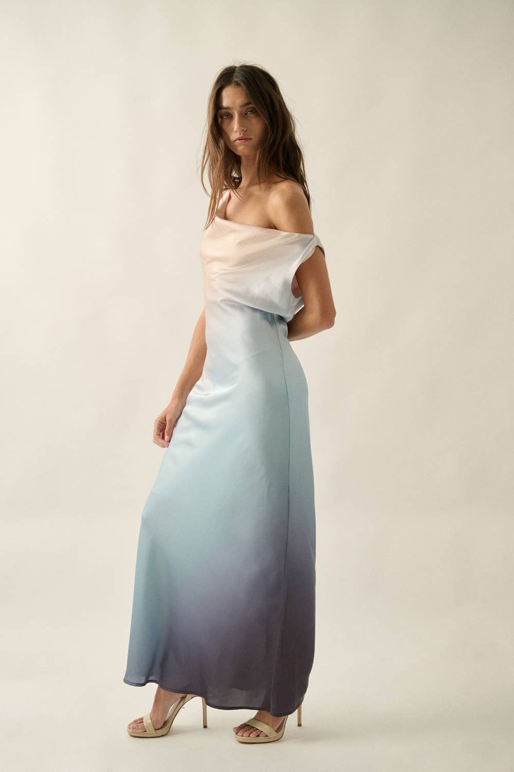 Ombre Satin Bias-Cut Sleeveless Cowl-Neck Maxi Dress