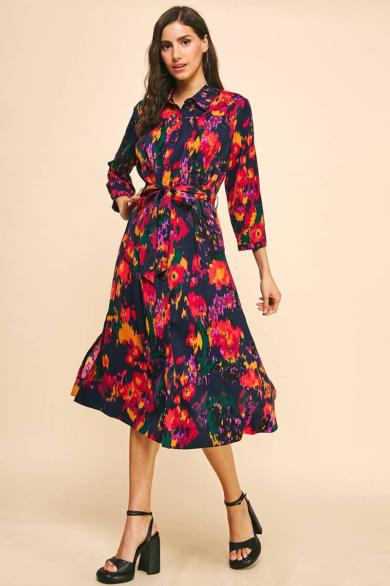 BUTTON DOWN MIDI DRESS - INK MULTI