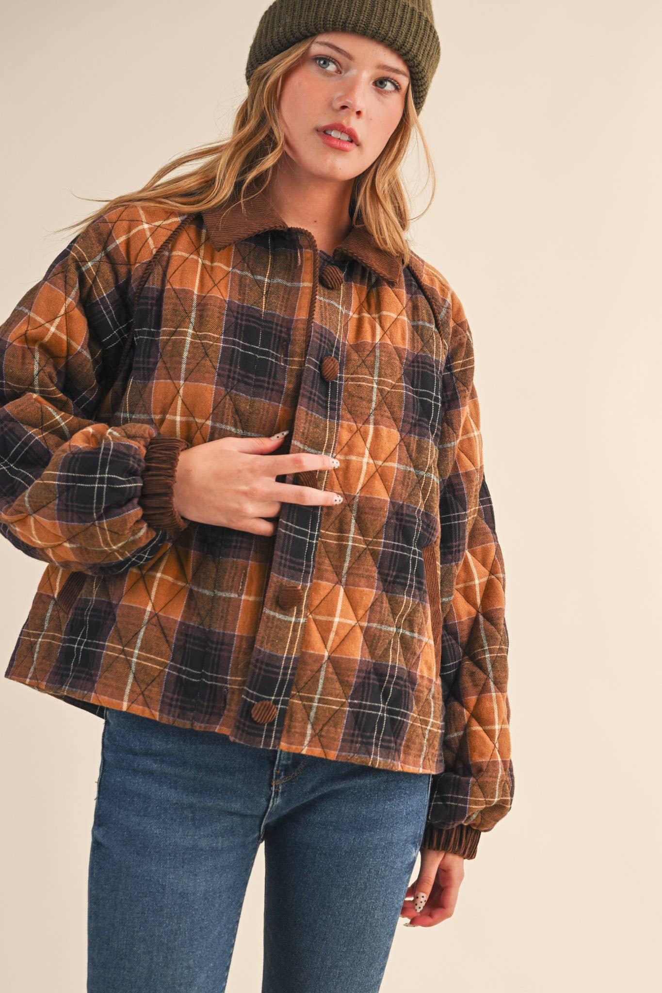 PLAID QUILTED JACKET WITH CONTRAST CORDUROY DETAIL MJK4115