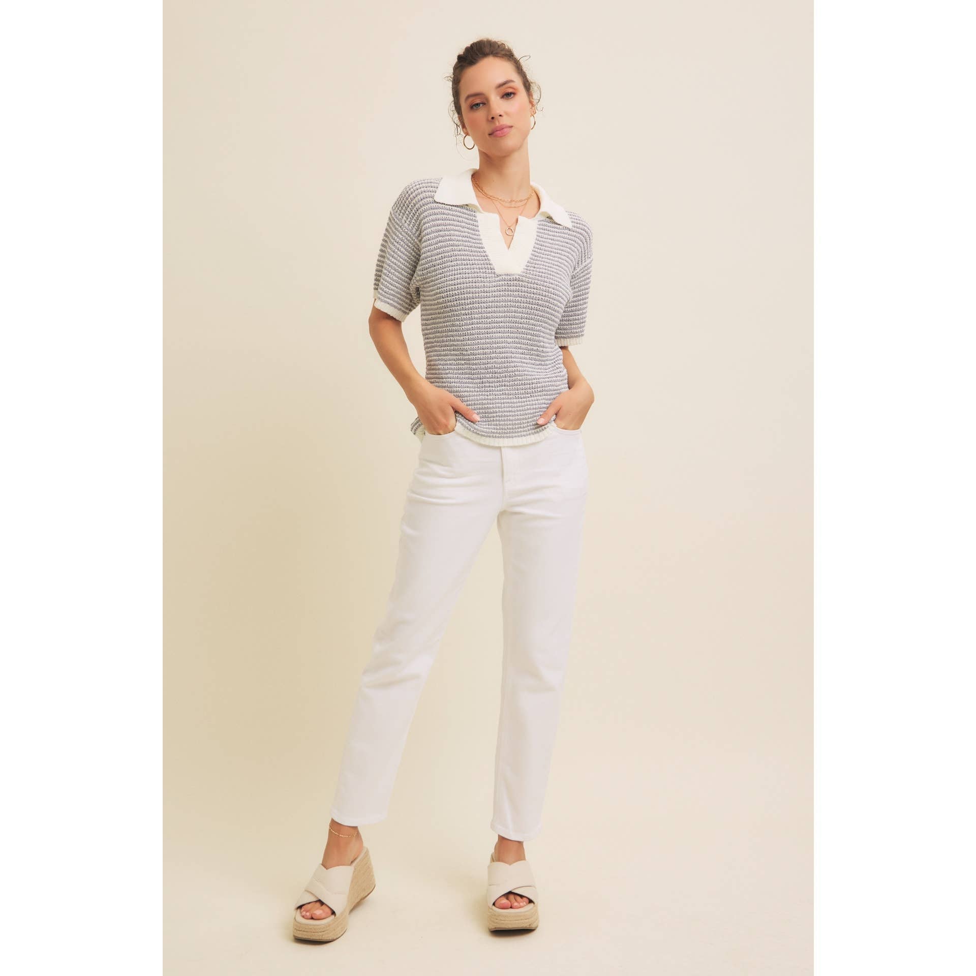 LIGHTWEIGHT BOUCLE SWEATER STRIPE TOP