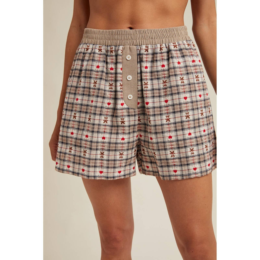 HEART TEDDY BEAR PLAID BOXER SHORTS / WL25-11087