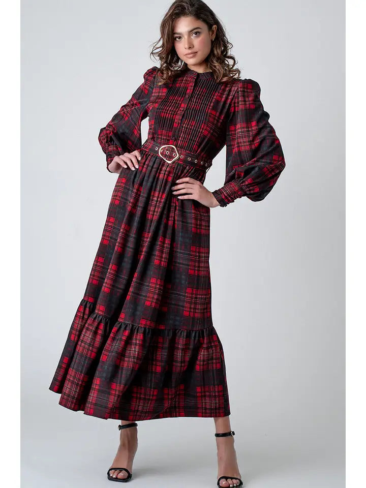 Plaid Belted Layered Button Down Balloon Sleeve Maxi Dress UDHD2928