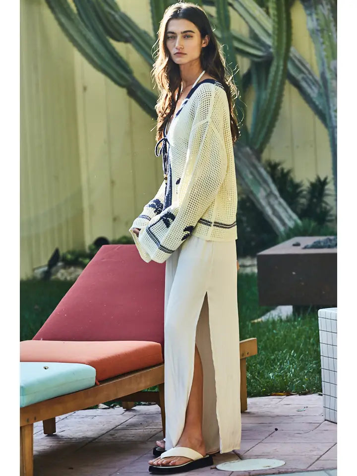 By Together Palm Tree Crochet Cardigan - Ivory V-Neck Knit Sweater