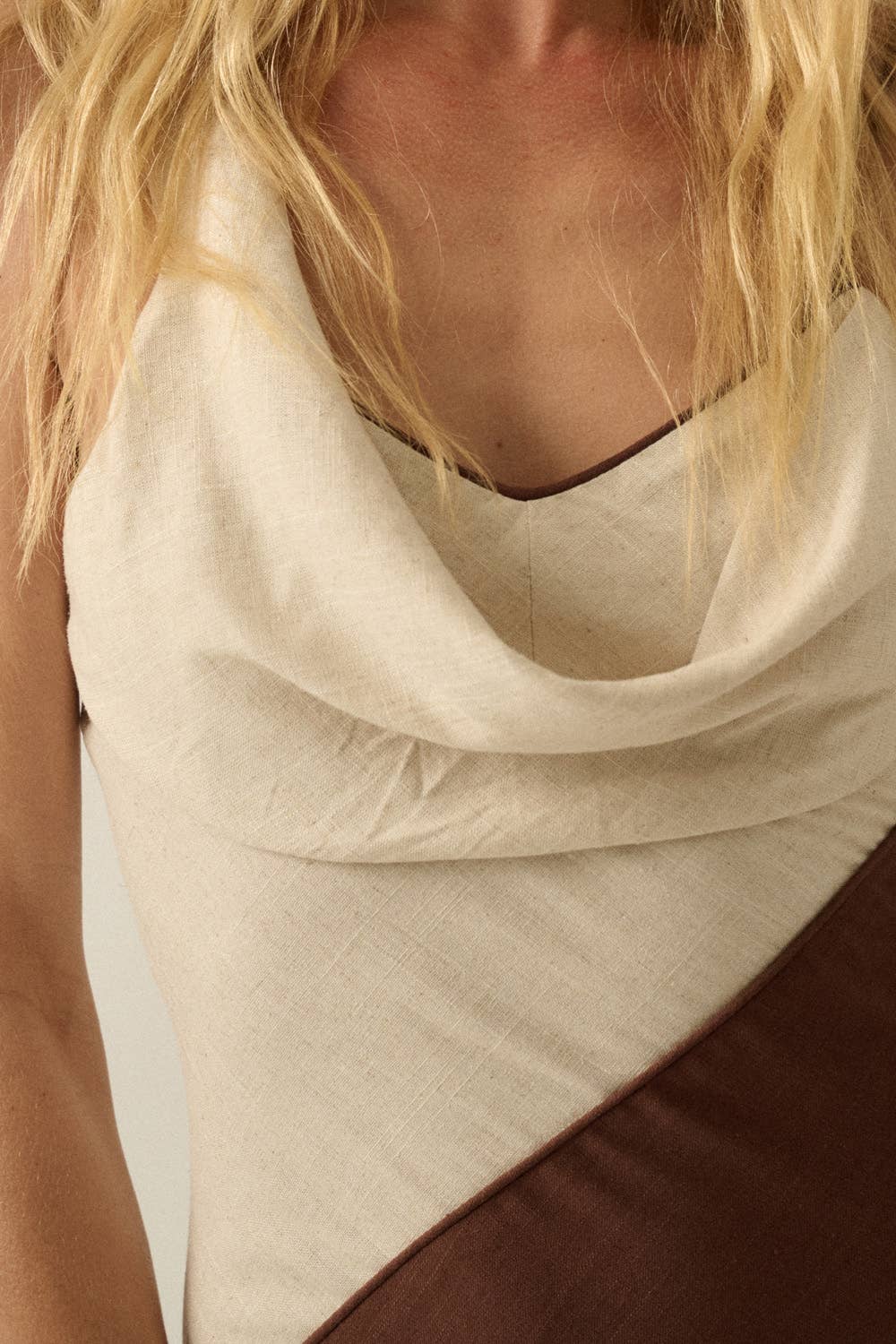 Colorblock Linen-Blend Asymmetrical Draped Maxi Dress