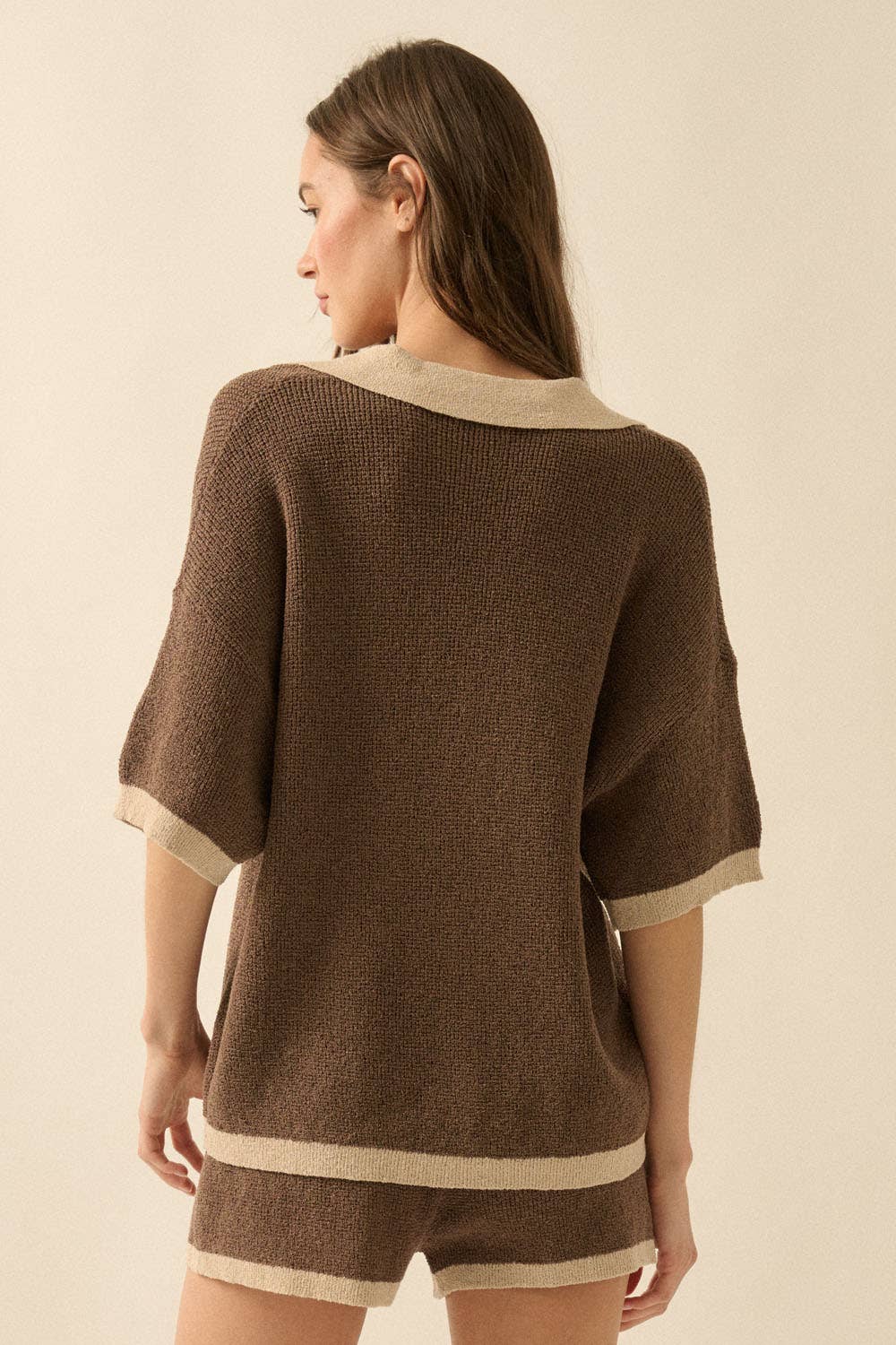 Solid Knit Contrast Short-Sleeve Polo Sweater