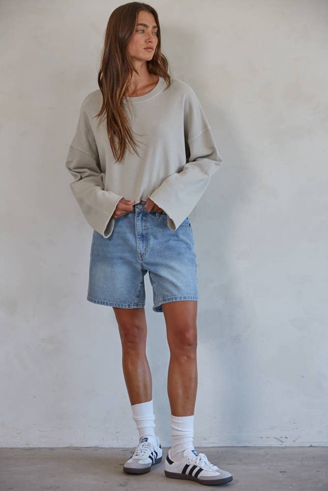 Woven Denim Cotton Straight Leg Bermuda Shorts