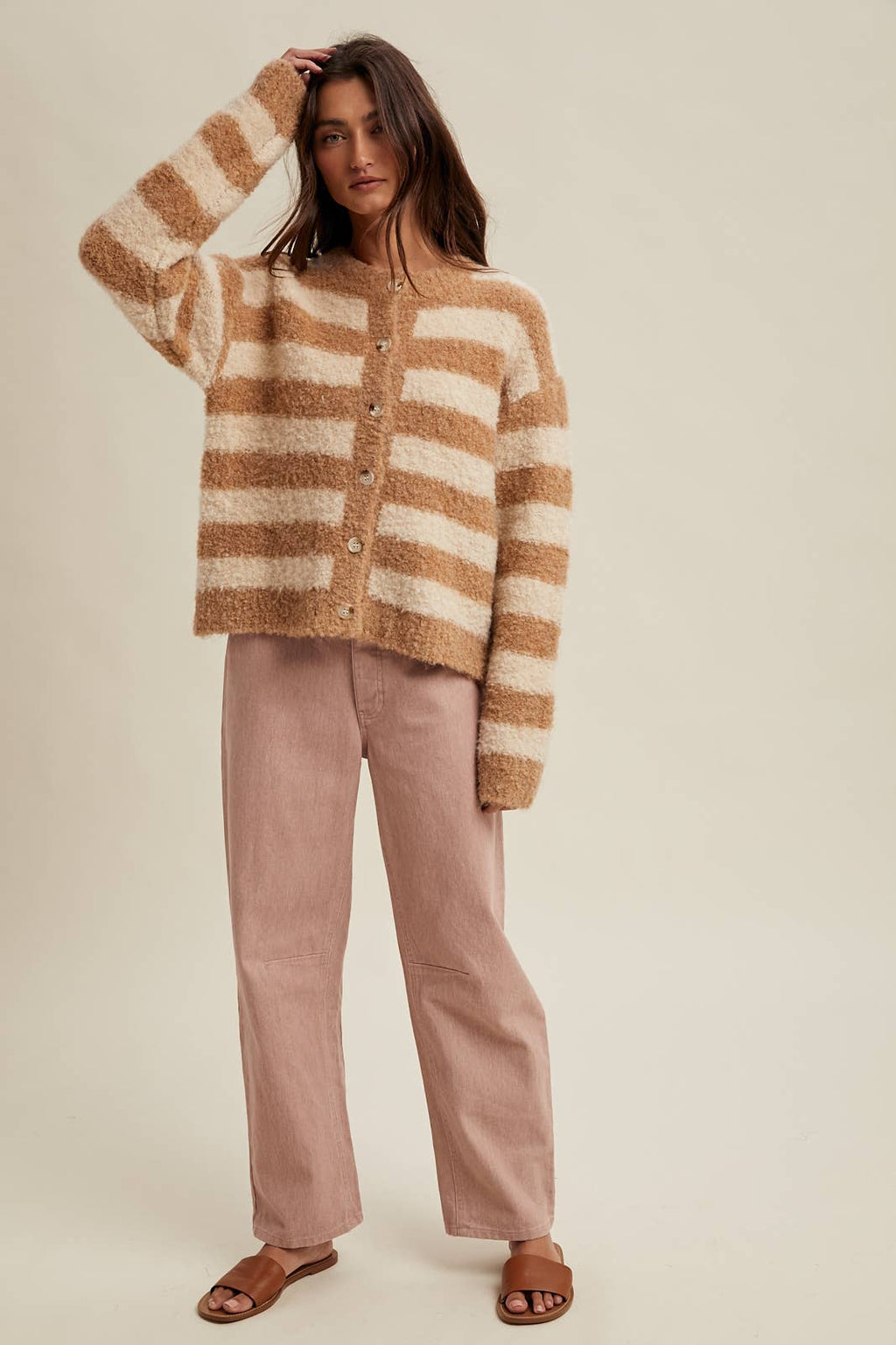 BRUSHED STRIPED BUTTON-UP CARDIGAN