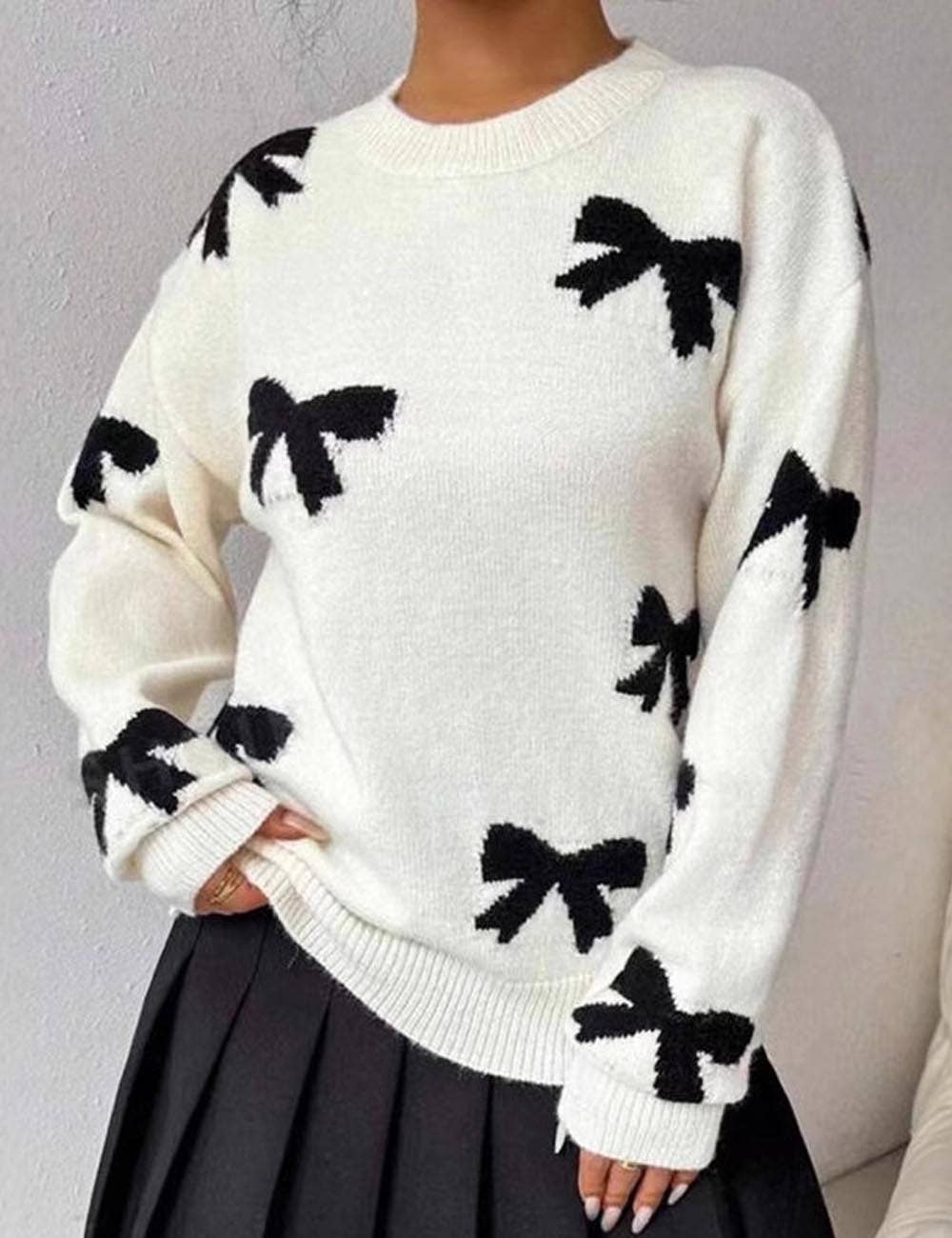 Elegant Round Neck Bow Jacquard Knit Sweater DP25E528