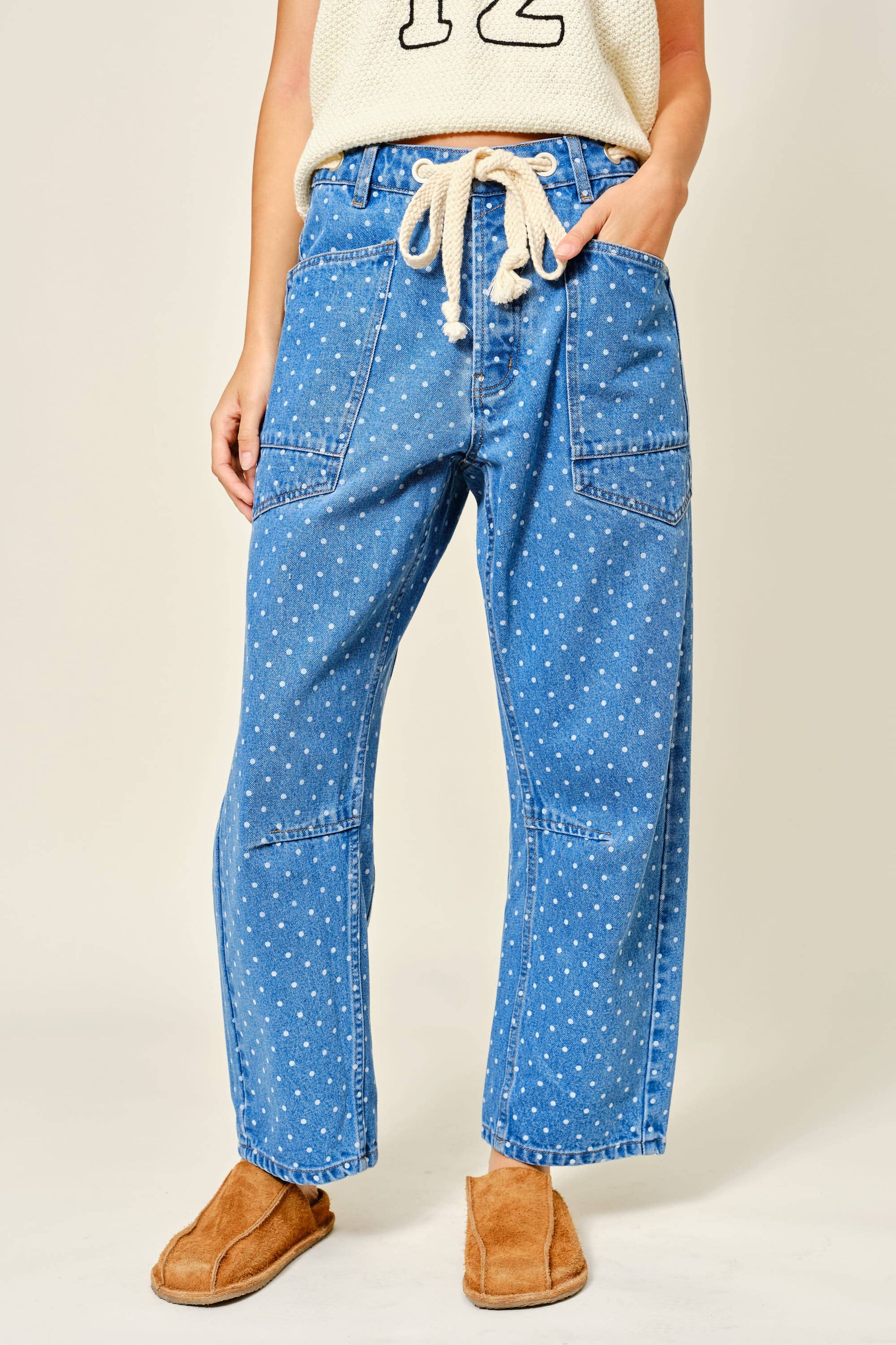 POLKA DOT DENIM BARREL PANTS
