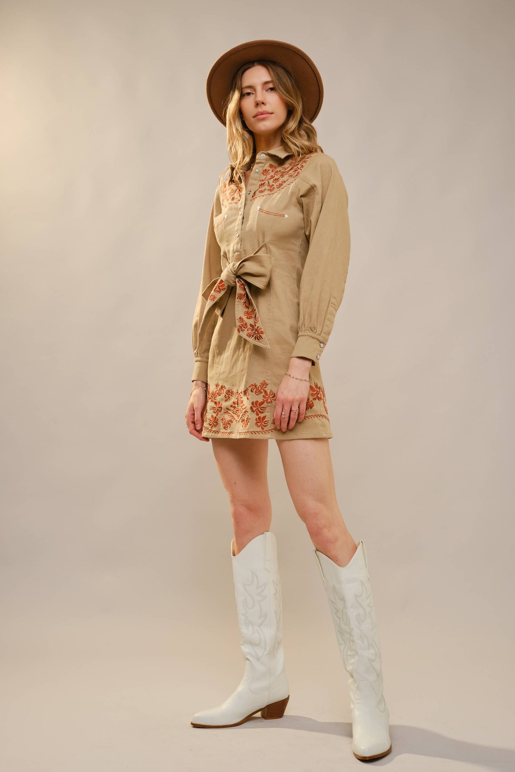 Embroidery Self Tie Denim Dress
