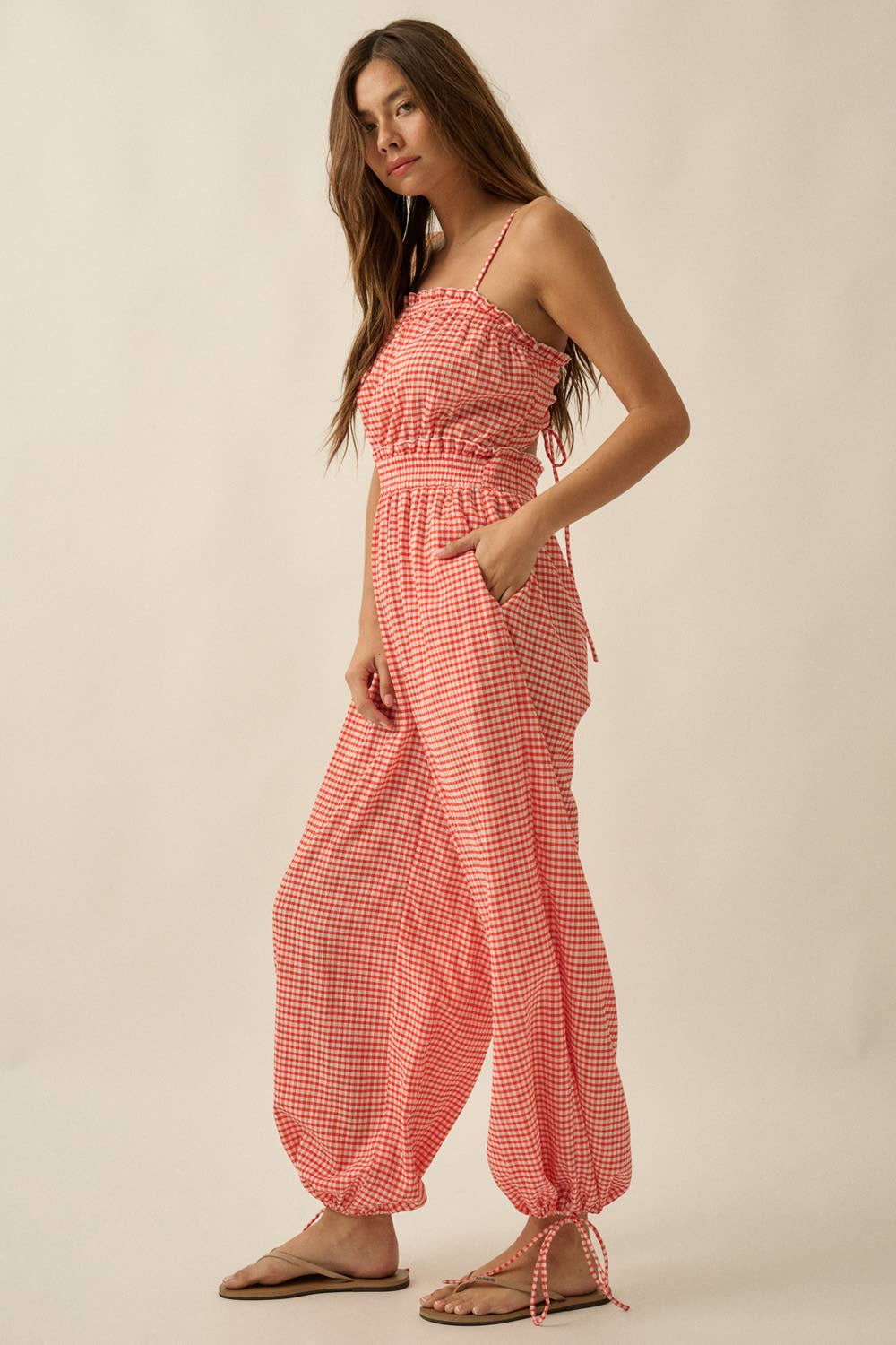 Gingham Plaid Open-Back Jumpsuit