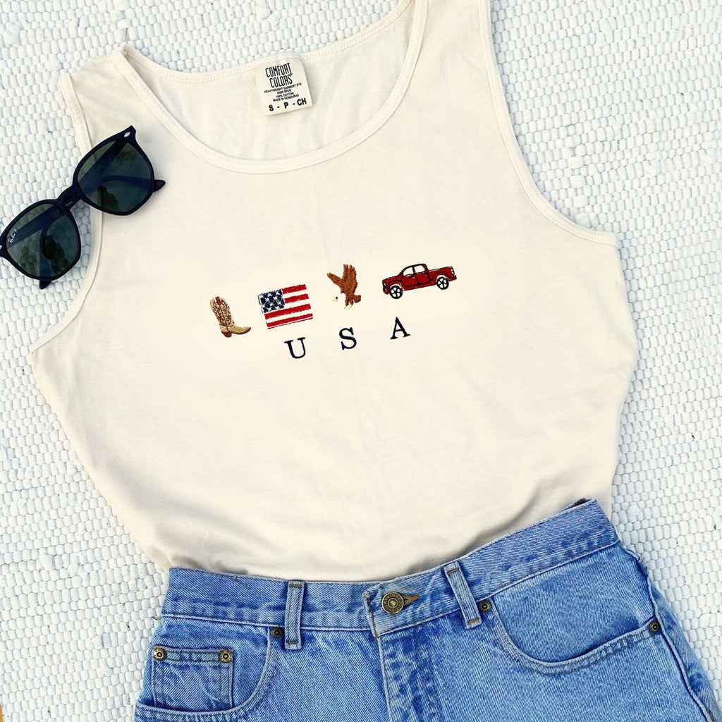 Embroidered USA Icons Comfort Colors Tank Top | 4th of July Americana