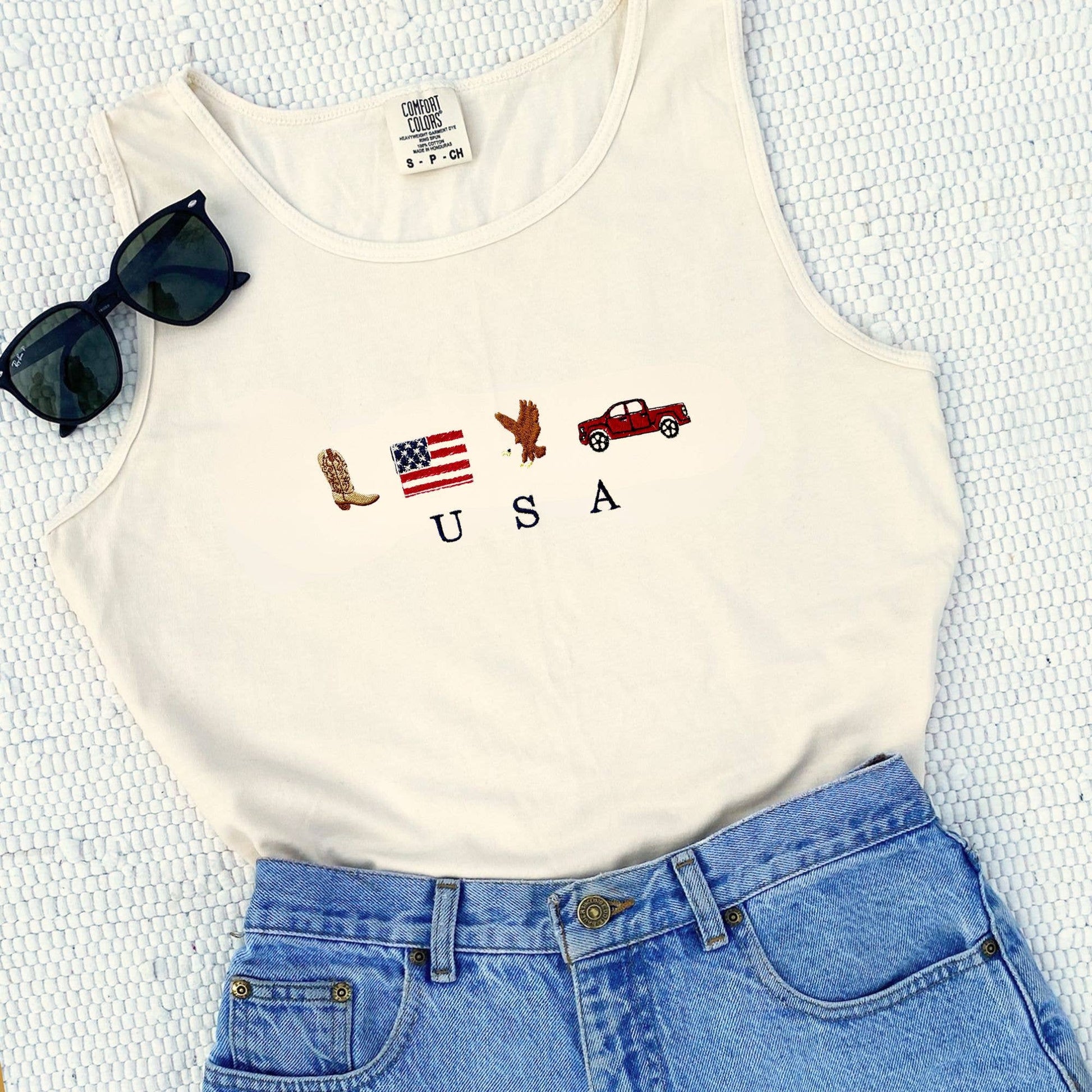 Embroidered USA Icons Comfort Colors Tank Top | 4th of July Americana