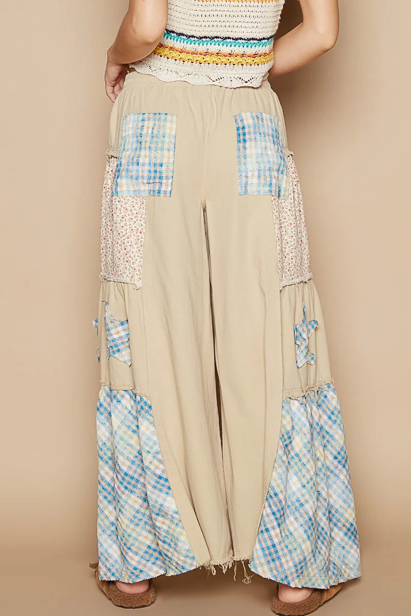 Drawstring Star Patch Contrast Wide Leg Pants