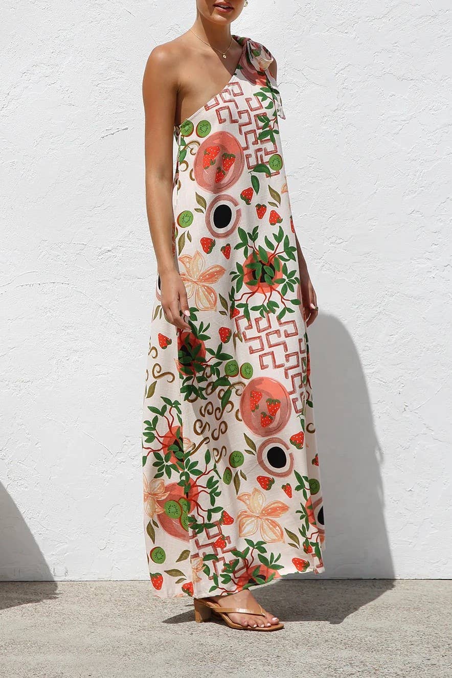 Floral botanical fruit print one shoulder dress