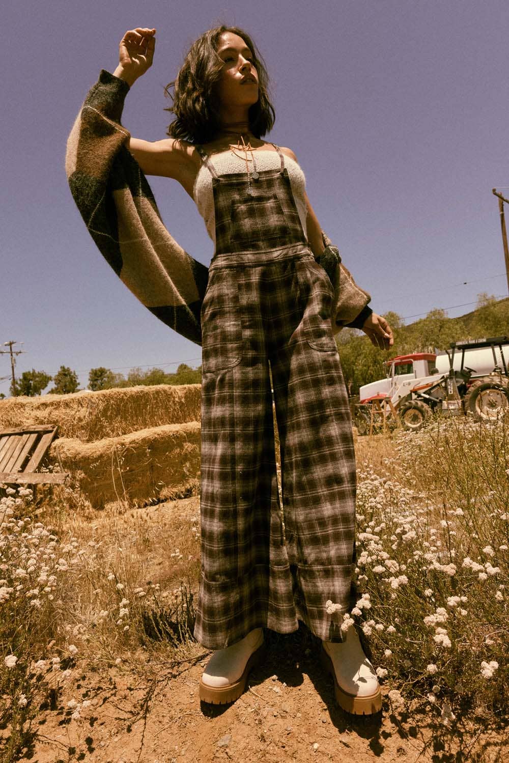 Plaid Flannel Wide-Leg Overall Jumpsuit