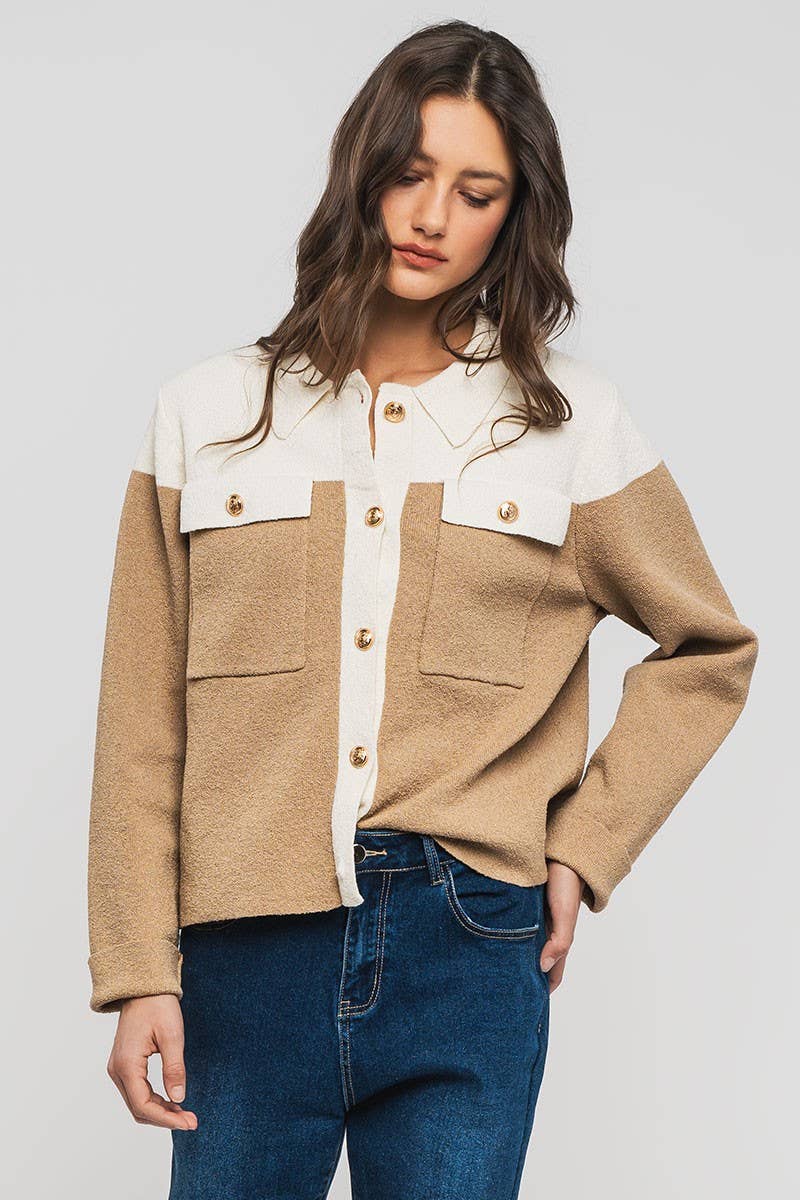 Colorblock Button-Up Cropped Coat