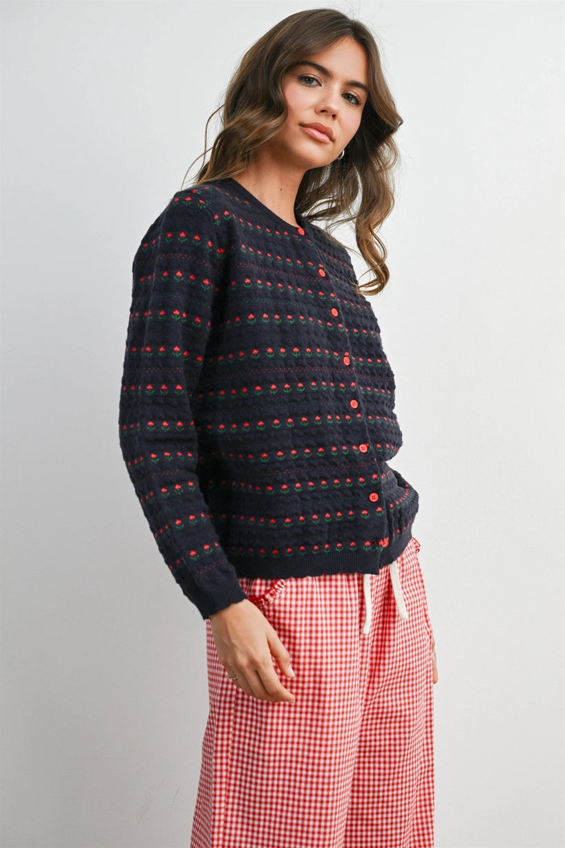 Navy Floral Button-Front Cardigan