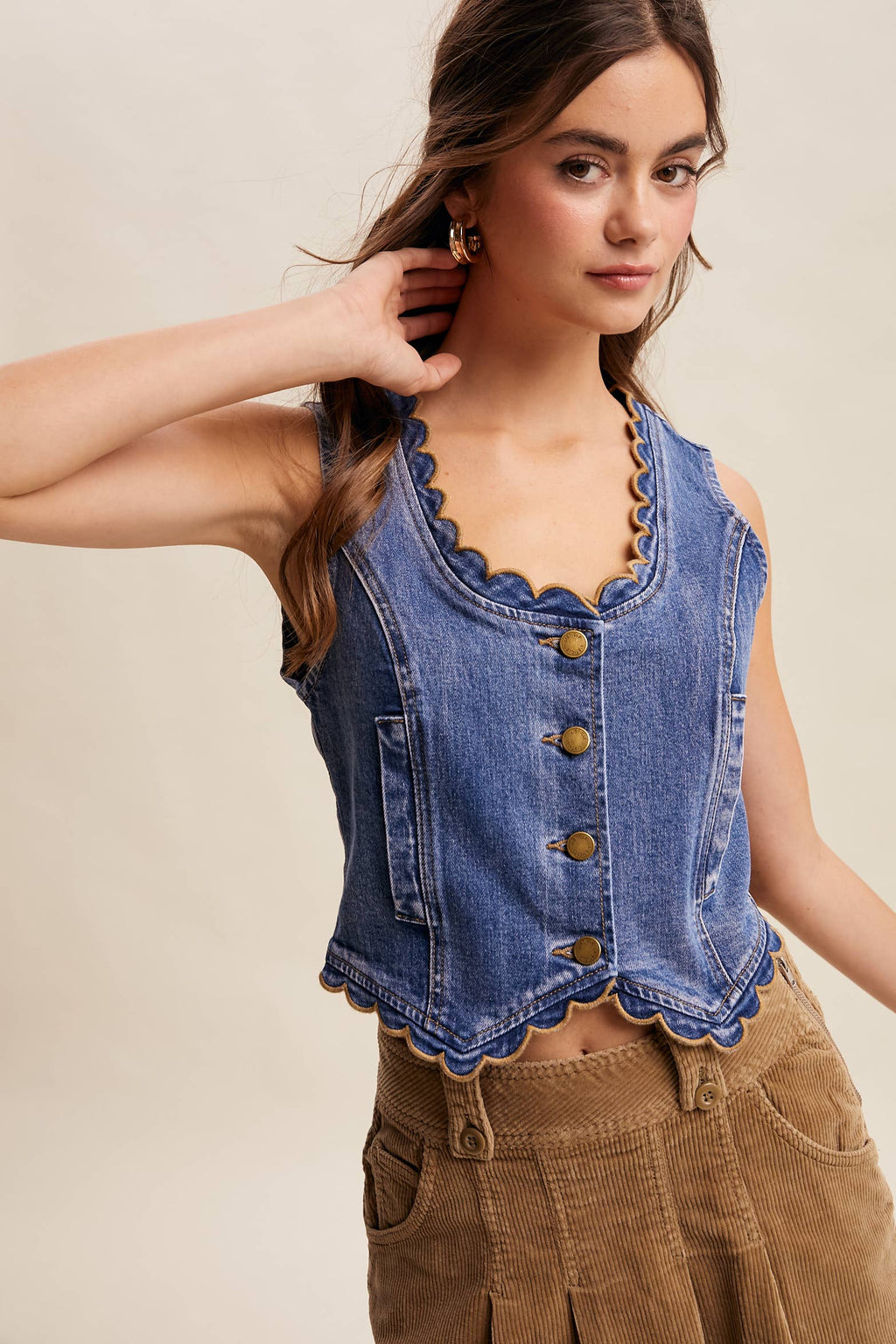 Scallop Trim Stretch Denim Vest