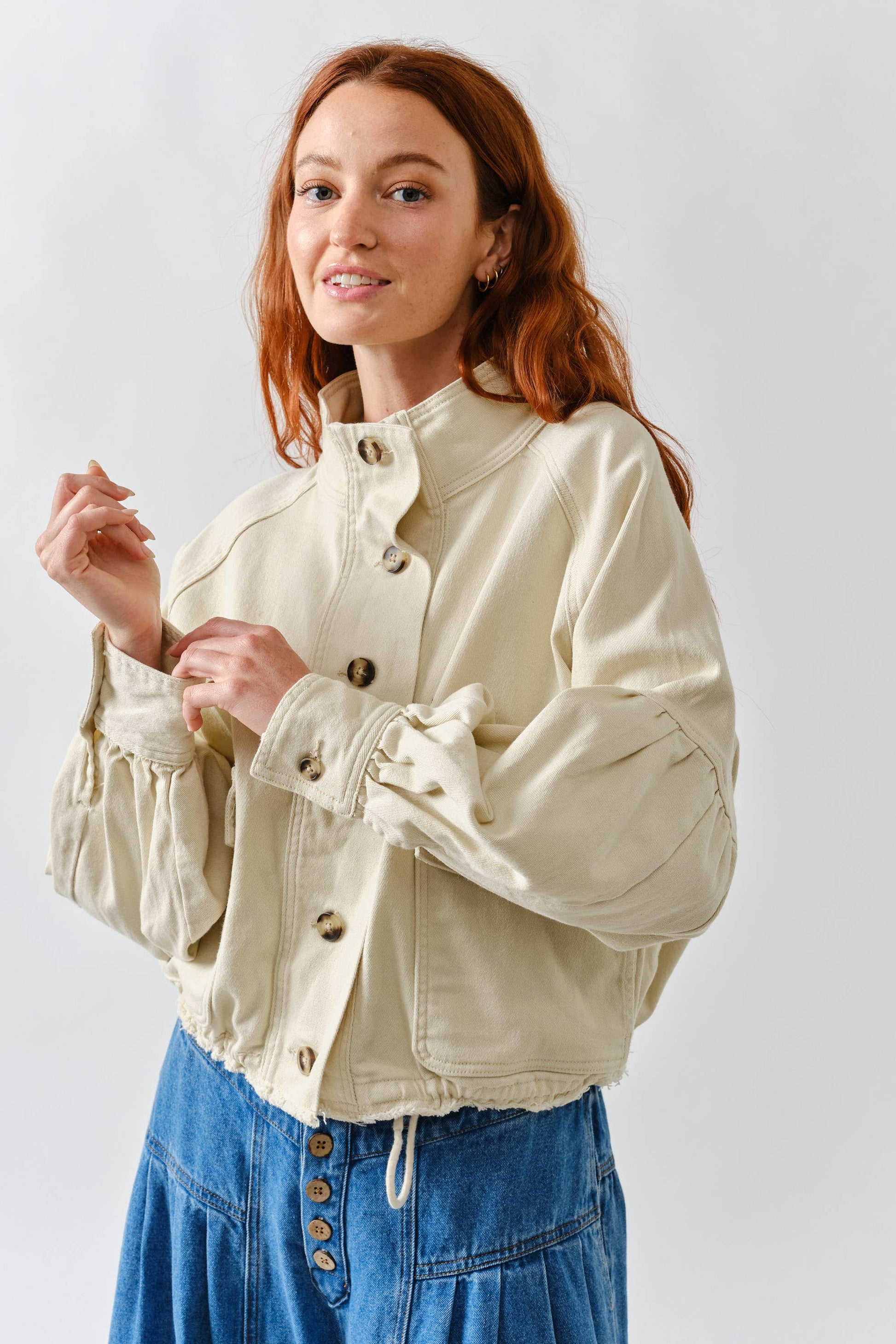 MAJ3306 BALLON SLEEVE TWILL JACKET DRAWSTING WAIST