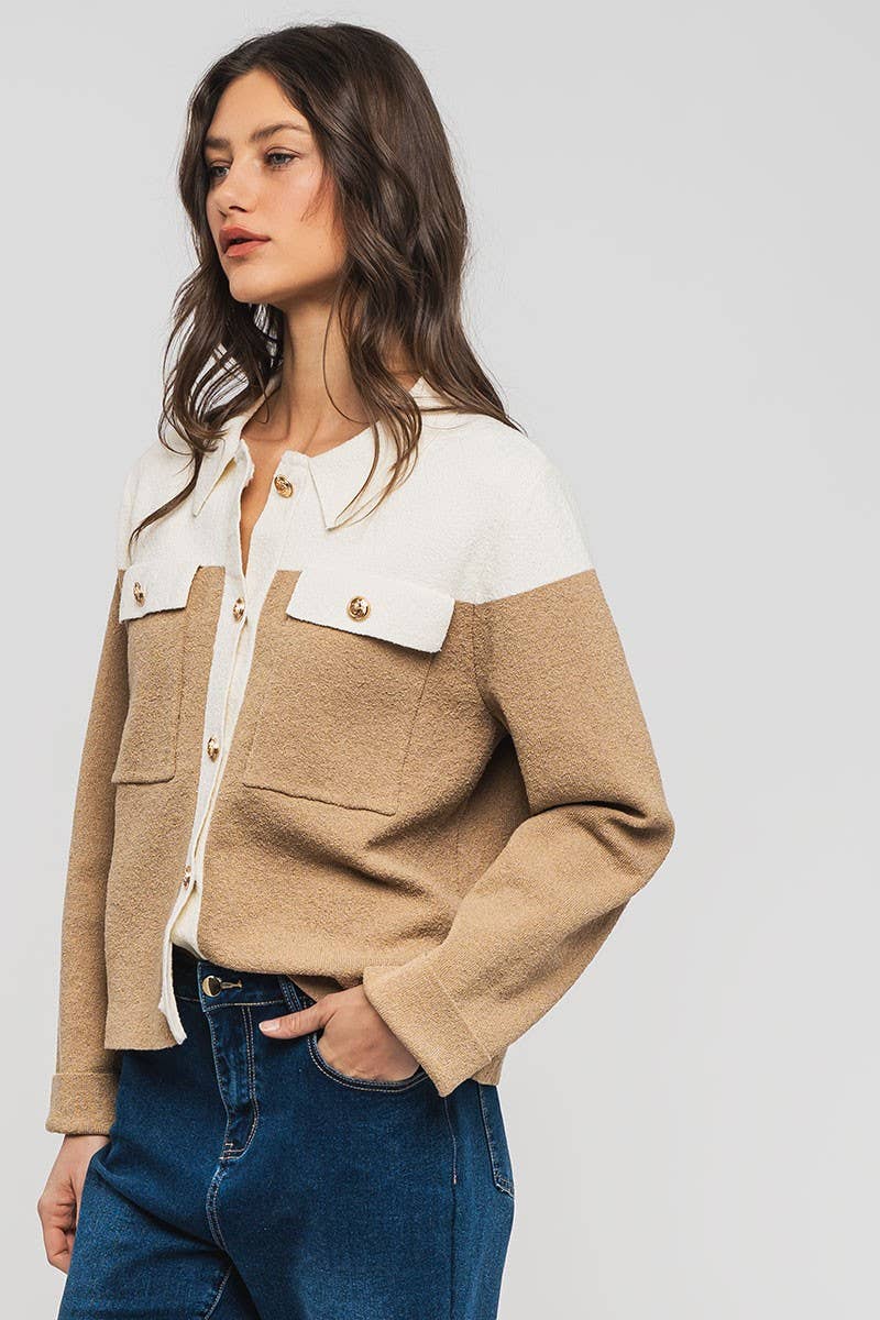 Colorblock Button-Up Cropped Coat