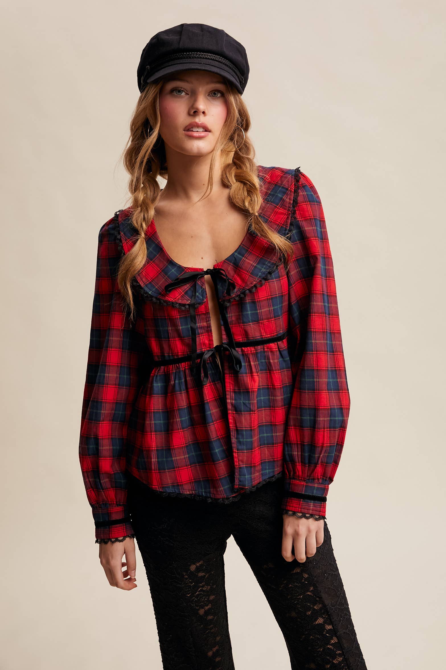 Plaid Velvet Trim Holiday Blouse LT1446