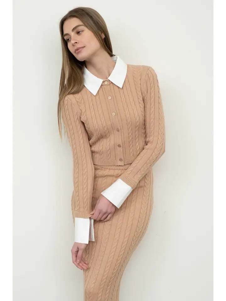 MIXED MEDIA CABLE KNIT LONG SLEEVE KNIT TOP