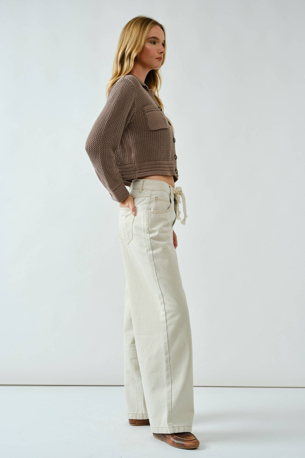 DRAWSTRING WAIST BOTTOM FLY STRAIGHT JEANS